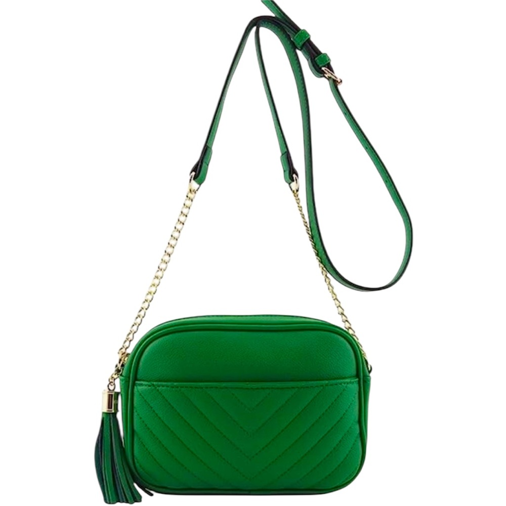 Elegant Boutique Green Crossbody Bag. Gold Hardware. Tassel. Adjustable